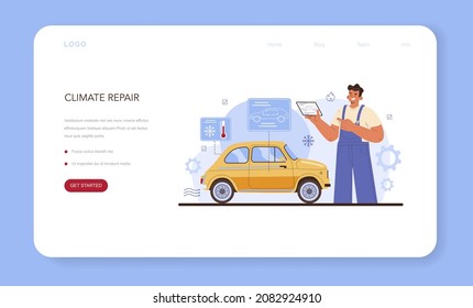 Car service web banner or landing page. Mechanic in uniform check a climate vehicle systems and repair it. Car climate control full diagnostics. Flat vector illustration.