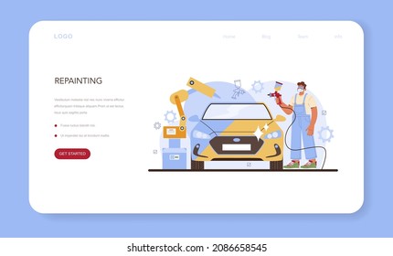 Car service web banner or landing page. Mechanic in uniform paint a body of vehicle. Professional with equipment paint an automobile with a different color with spray-gun. Flat vector illustration