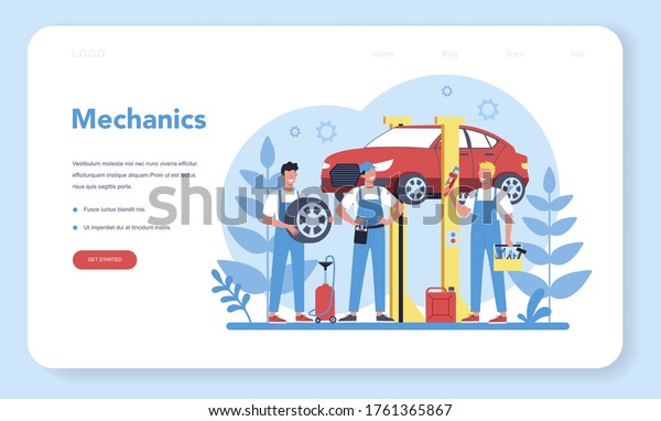 Car service web banner or landing page.\
People repair car using professional tool. Idea of auto repair and\
diagnostic. Wheel and oil icon, engine and fuel. Isolated flat\
vector illustration
