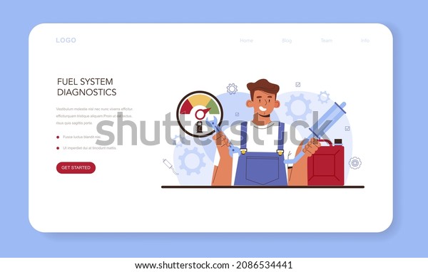 Car service web banner or landing\
page. Mechanic in uniform check a fuel vehicle systems and repair\
it. Car full diagnostics. Flat vector\
illustration.