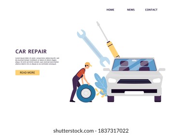 Car service website page with repairman cartoon character near car, flat vector illustration. Landing page for car maintenance and condition diagnostics.