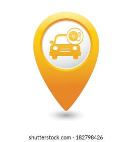 Car service. Car with wheel and pump icon on yellow map pointer. Vector illustration