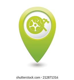 Car service. Car wheel with tool icon on green map pointer. Vector illustration