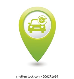 Car service. Car with wheel and tools icon on green map pointer. Vector illustration