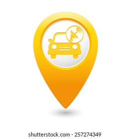 Car service. Car with wireless icon on yellow map pointer. Vector illustration
