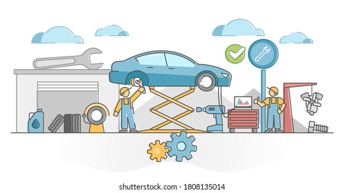 Car service work for vehicles mechanic maintenance and fix outline concept. Annual automobile check in garage with tire, oil change and engine computer inspection vector illustration. Occupation scene