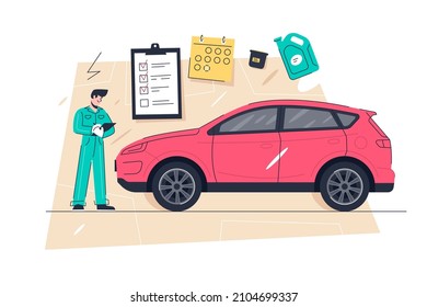 Car service work for vehicles mechanic maintenance vector illustration. Annual automobile check in garage with oil change and engine inspection