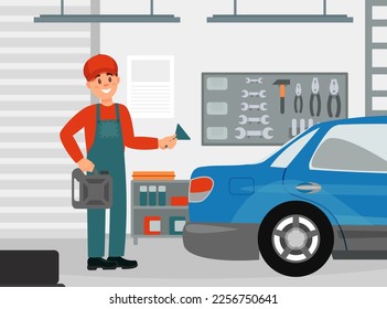 Car service worker changing oil and repairing car in maintenance workshop. Male mechanics in overalls repairing car cartoon vector