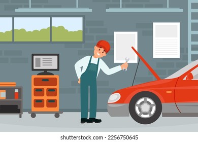 Car service worker looking into open hood, diagnostics in maintenance workshop. Male mechanics in overalls repairing car cartoon vector