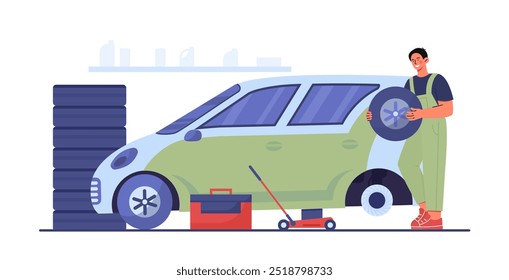 Car service worker. Man in uniform changes tire on car. Repair, modernization and tunning. Transport and vehicle, automobile. Flat vector illustration isolated on white background