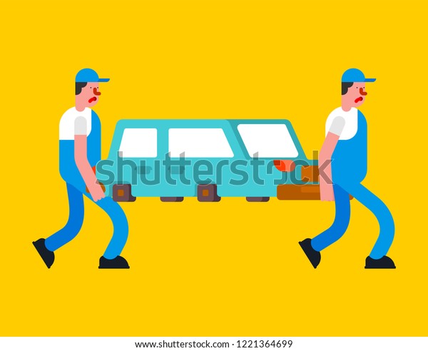 Car service\
workers carry car. Cartoon\
vector\
