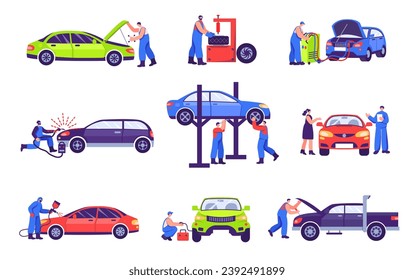 Car service workers. Mechanic fix car engine, automobile repair works and auto service station isolated vector illustration set of car engine service worker