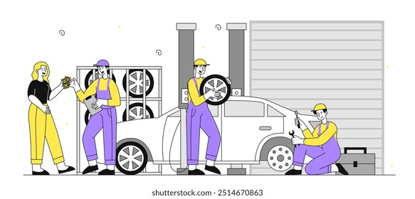 Trabalhadores do serviço de viaturas. Homens de uniforme trocando pneus de carro. Reparação de automóveis e veículos. Trabalhadores de manutenção com ferramentas. Autoajuste e modernização. Ilustração de vetor linear