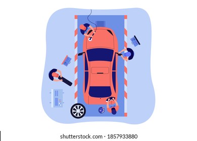 Car service workers washing and polishing red vehicle, changing wheels. Vector illustration for automobile maintenance, garage, service station concept