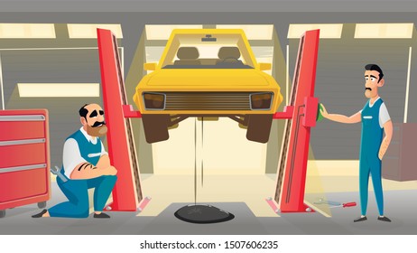 Car Service Workshop Interior. Mechanics in Vehicle Workshop Busy with Car Repair. Technical Services Garage or Station with Workers and Automobile on Technical Inspection. Flat Vector Illustration.