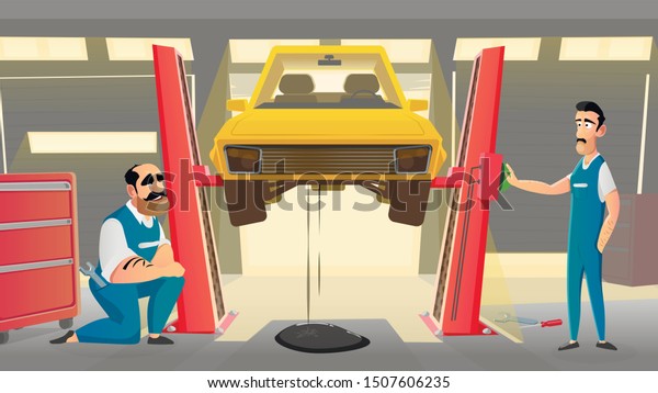 Car Service Workshop Interior. Mechanics in\
Vehicle Workshop Busy with Car Repair. Technical Services Garage or\
Station with Workers and Automobile on Technical Inspection. Flat\
Vector Illustration.