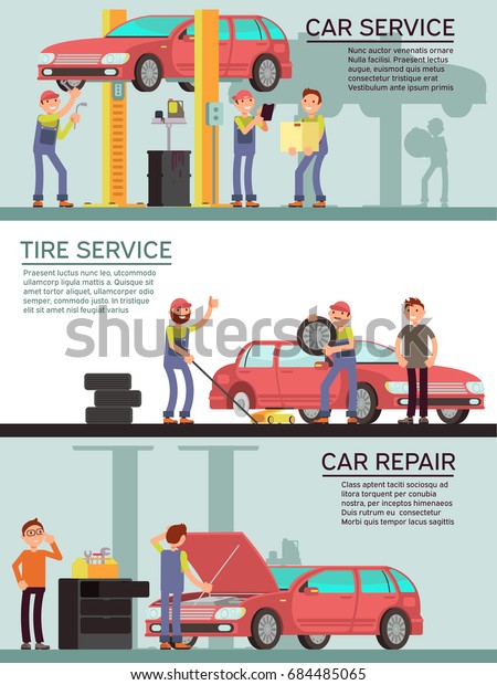 Car services and auto garag\
vector marketing banners with cartoon mechanic worker. Car service\
and tire service, repair transport maintenance\
illustration