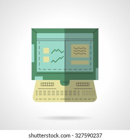 Car services. Automobile test and measuring main components with computer. Flat color style vector icon. Web design elements for business and site. 