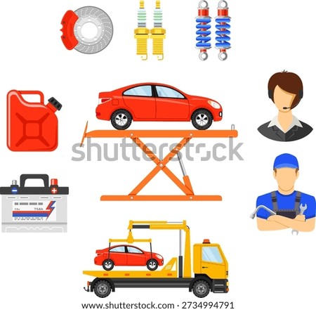 Car Services Banner Car Services Concept for Booklet, Web Site, Advertising with Flat Icons like support, tow truck, battery, gas canister and mechanic. vector illustration