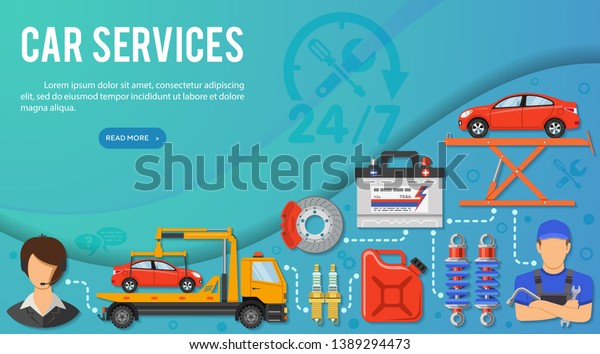 Car Services Concept for Booklet, Web Site,\
Advertising with Flat Icons like support, tow truck, battery, gas\
canister and mechanic. vector\
illustration