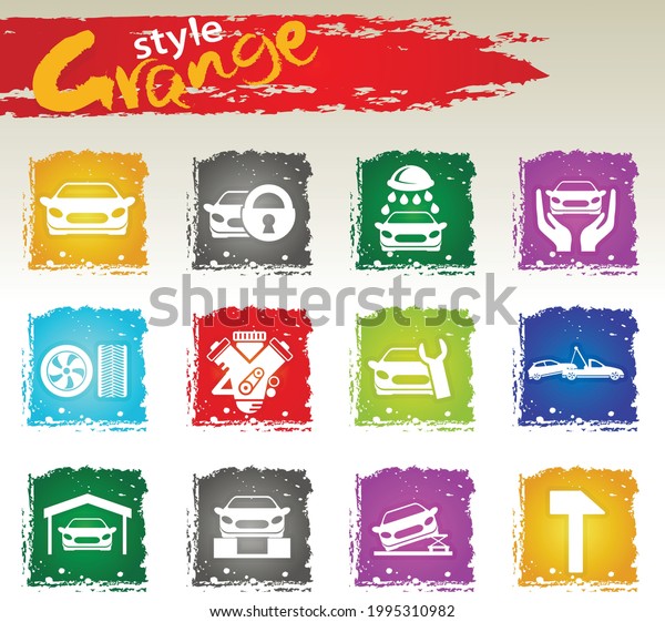 Car\
services icon set for your design. Grange icons\
style