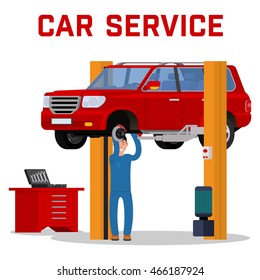 Car services - car maintenance repair and diagnostics. Tire fitting service and tuning. SUV raised by twin post lifts. Vector illustration.