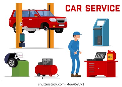 Car services - car maintenance repair and diagnostics. Tire fitting service and tuning. SUV raised by twin post lifts. Vector illustration.