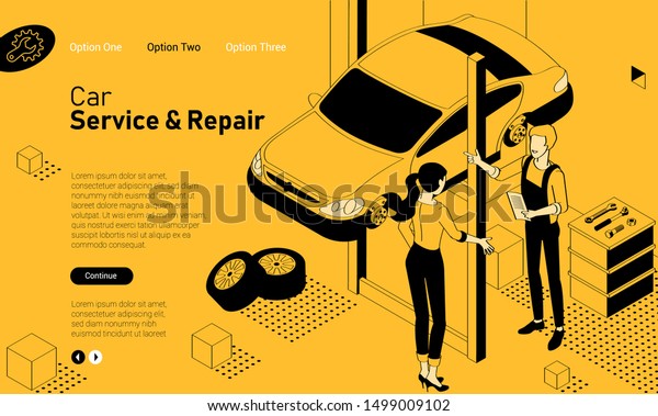 Car\
services mobile app isometric website template. Black and yellow\
flat design vector concept for web site and application design and\
presentation. Home page concept. UI design\
mockup.