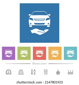 Car services solid flat white icons in square backgrounds. 6 bonus icons included.