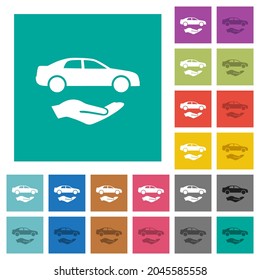 Car services solid multi colored flat icons on plain square backgrounds. Included white and darker icon variations for hover or active effects.