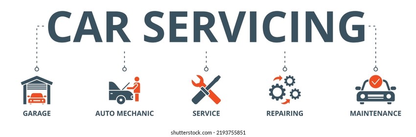 Car servicing banner web icon vector illustration concept with icon of garage, auto mechanic, service, repairing and maintenace