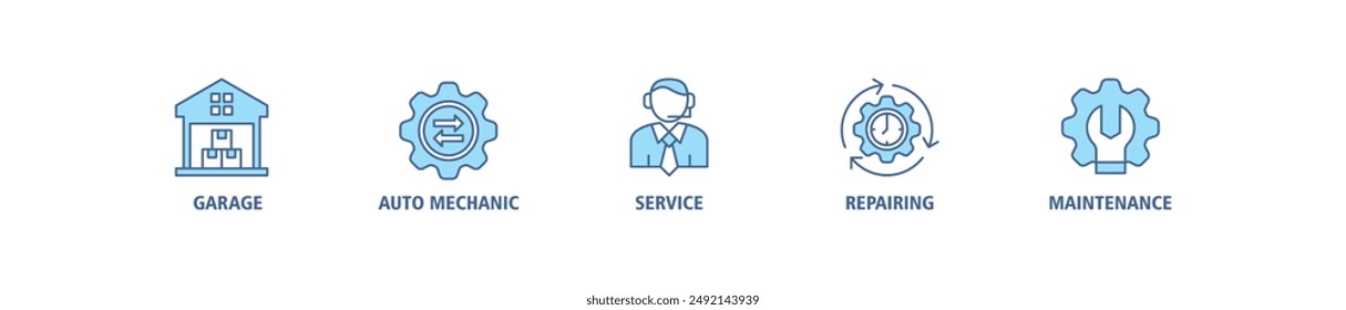 Car servicing banner web icon set vector symbol illustration concept with icon of garage, auto mechanic, service, repairing and maintenance