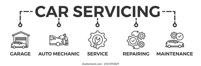 Car servicing banner web icon vector illustration concept with icon of garage, auto mechanic, service, repairing and maintenance	