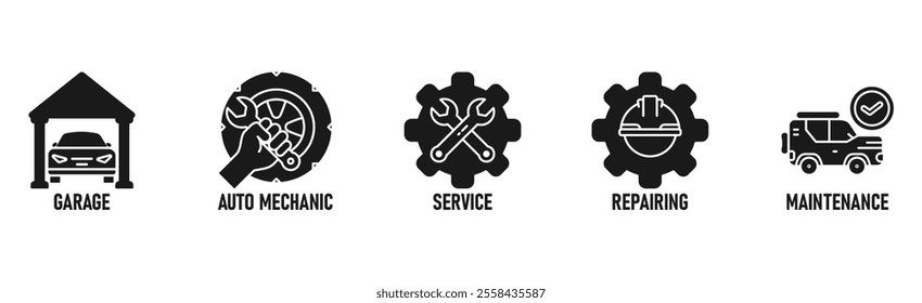 Car servicing banner web icon vector illustration concept with icon of garage, auto mechanic, service, repairing and maintenace
