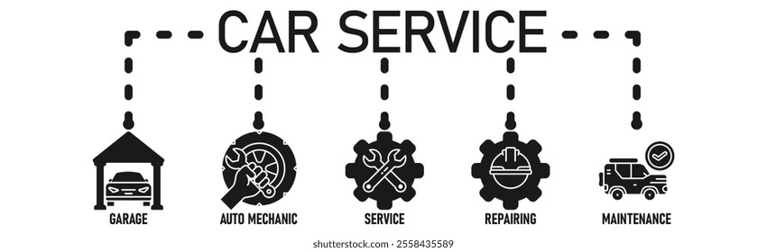 Car servicing banner web icon vector illustration concept with icon of garage, auto mechanic, service, repairing and maintenace
