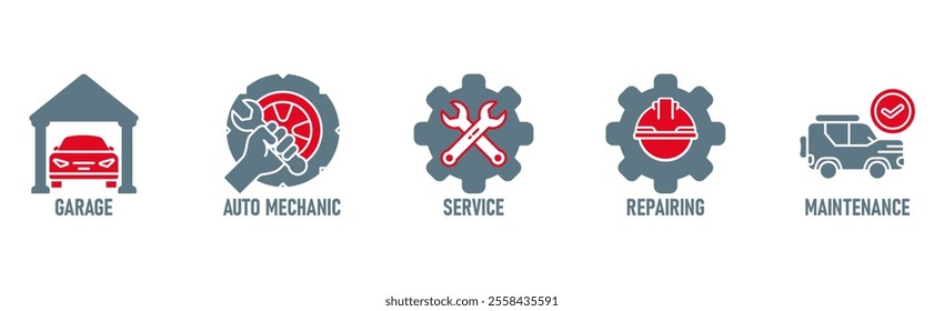 Car servicing banner web icon vector illustration concept with icon of garage, auto mechanic, service, repairing and maintenace
