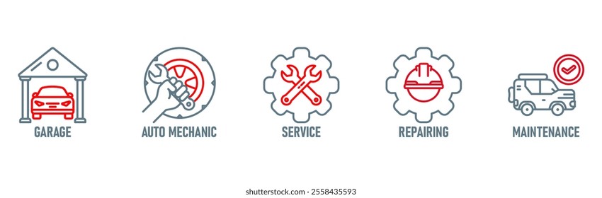 Car servicing banner web icon vector illustration concept with icon of garage, auto mechanic, service, repairing and maintenace
