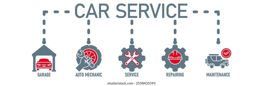 Car servicing banner web icon vector illustration concept with icon of garage, auto mechanic, service, repairing and maintenace
