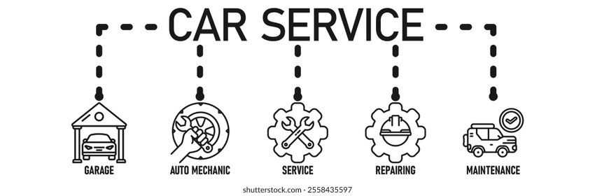 Car servicing banner web icon vector illustration concept with icon of garage, auto mechanic, service, repairing and maintenace
