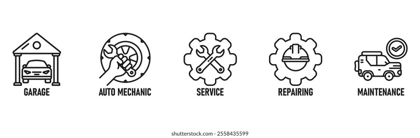 Car servicing banner web icon vector illustration concept with icon of garage, auto mechanic, service, repairing and maintenace
