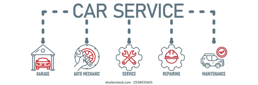 Car servicing banner web icon vector illustration concept with icon of garage, auto mechanic, service, repairing and maintenace
