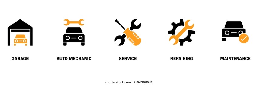 Car servicing banner web icon vector illustration concept with icon of garage, auto mechanic, service, repairing and maintenance