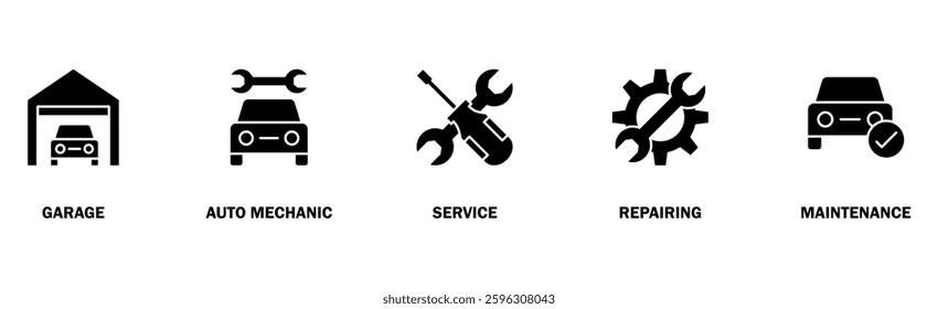 Car servicing banner web icon vector illustration concept with icon of garage, auto mechanic, service, repairing and maintenance