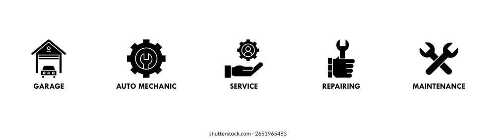 Carro de serviço de banner ícone web conjunto de símbolo vetorial ilustração conceito com ícone de garagem, mecânico automático, serviço, reparação e manutenção