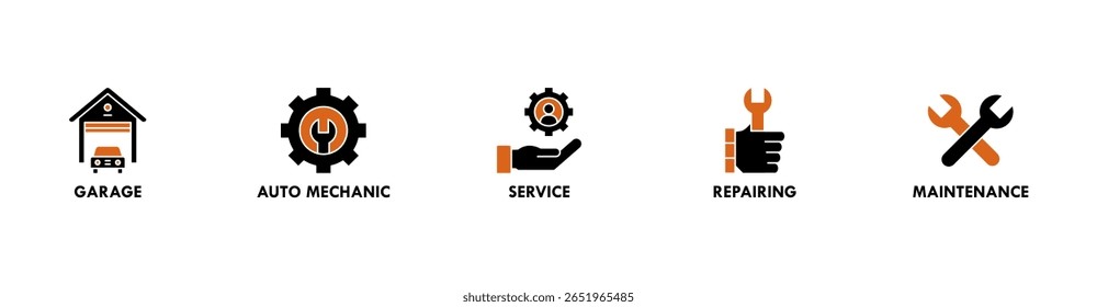 Carro de serviço de banner ícone web conjunto de símbolo vetorial ilustração conceito com ícone de garagem, mecânico automático, serviço, reparação e manutenção