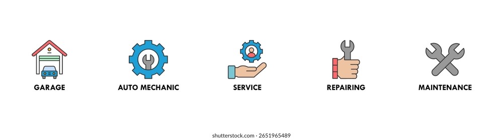 Carro de serviço de banner ícone web conjunto de símbolo vetorial ilustração conceito com ícone de garagem, mecânico automático, serviço, reparação e manutenção