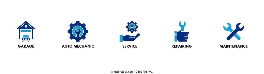 Car servicing banner web icon set vector symbol illustration concept with icon of garage, auto mechanic, service, repairing and maintenance