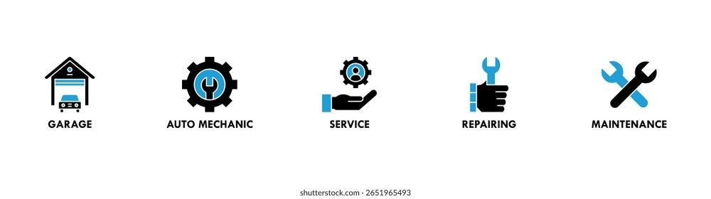 Car servicing banner web icon set vector symbol illustration concept with icon of garage, auto mechanic, service, repairing and maintenance