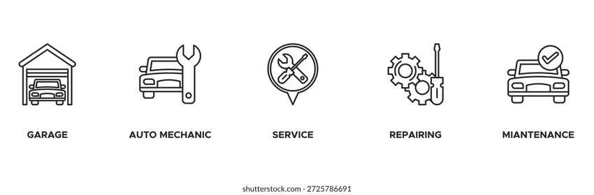 Concepto de Ilustración vectorial del icono del Web del Anuncio del servicio del coche con el icono del garaje, mecánico auto, servicio, reparación y mantenimiento