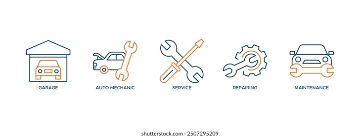 Car servicing icon set vector symbol illustration banner web concept with icon of garage, auto mechanic, service, repairing and maintenance